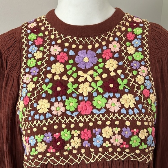 Antik Batik Top Line Embroidered Blouse Brown Hand Stitched Anthro Sz XS NEW - Picture 5 of 16